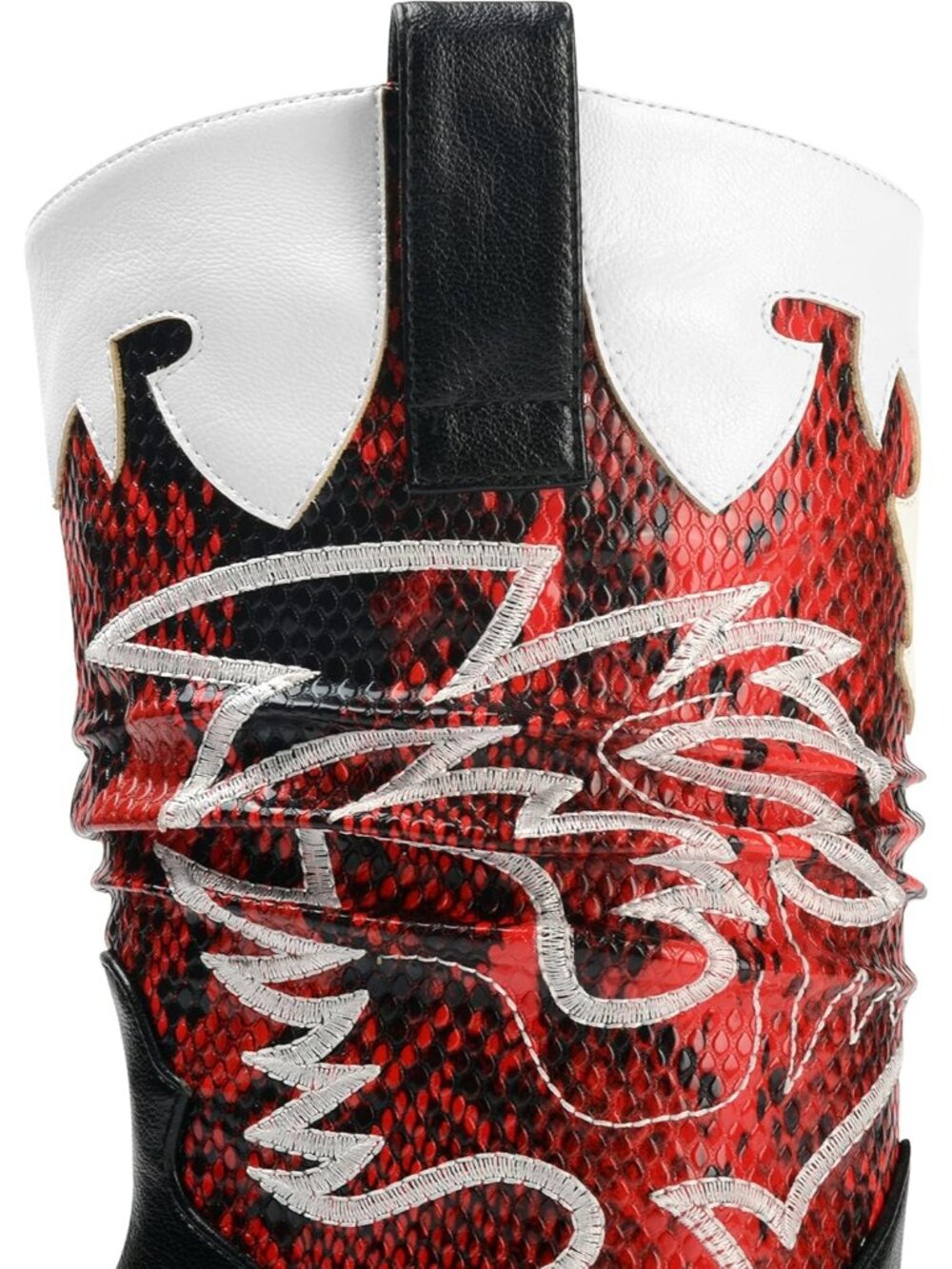 Women Black and Red Faux Leather Mid Calf Embroidery Pointed Toe Cowboy Boots - Picture 7 of 7